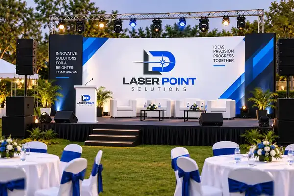 Branded stage setup with podium, lounge seating and truss lighting